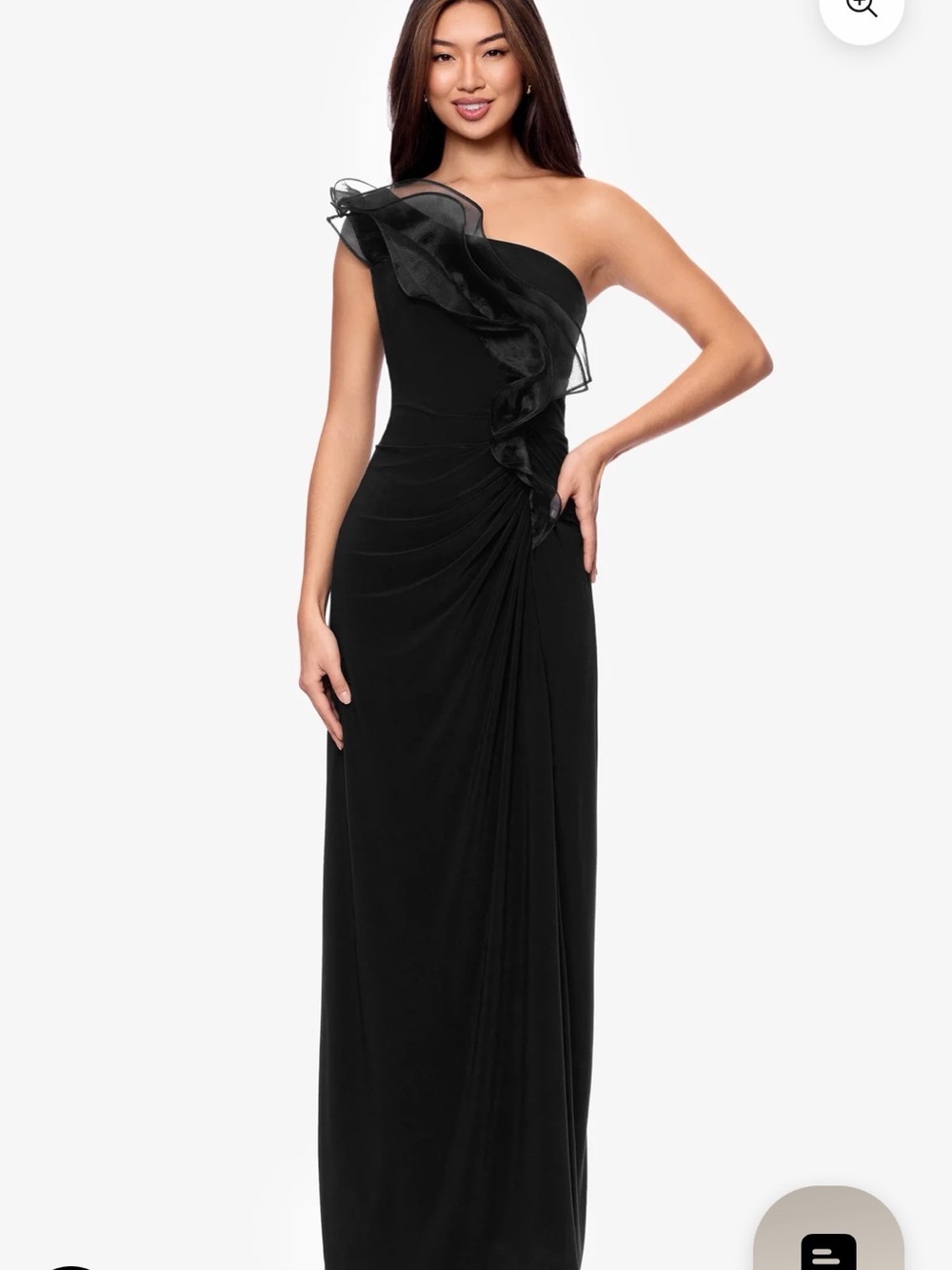 Betsy & Adam Black One-Shoulder Evening Gown with Ruffle Accent